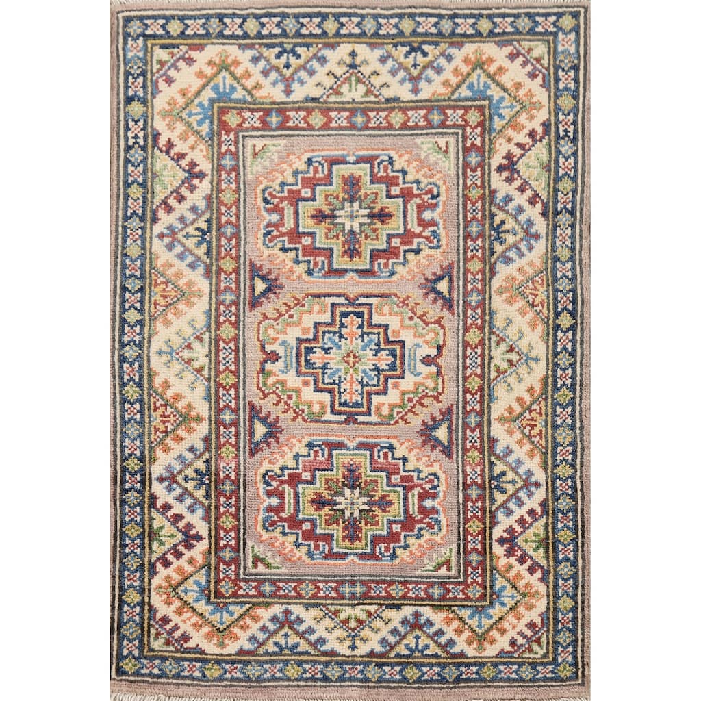 Geometric Kazak Oriental Accent Rug Hand-Knotted Brown Wool Carpet - 2'1" x 2'10"