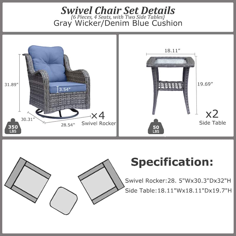 6-piece Wicker Outdoor Patio Furniture Set with Swivel Rocker Chairs