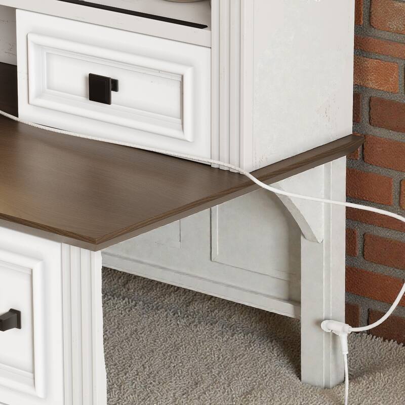 47.2" Farmhouse Makeup Vanity Desk with Sliding LED Mirror, 9 Drawers, Storage Stool and Charging Station