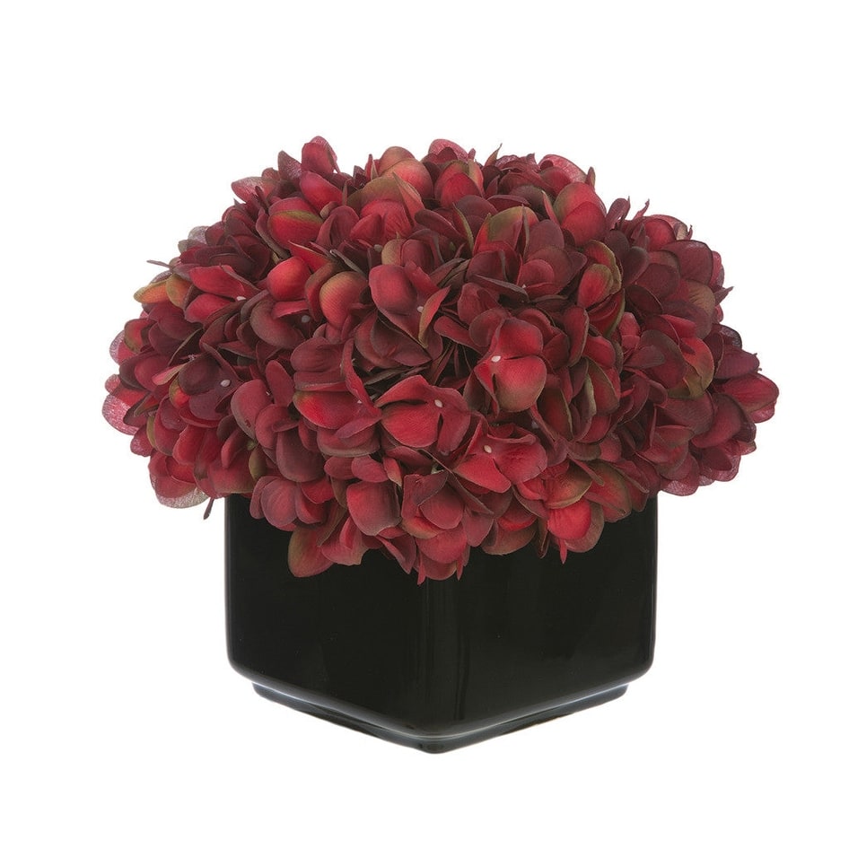 Faux Hydrangea in Small Black Cube Ceramic Vase
