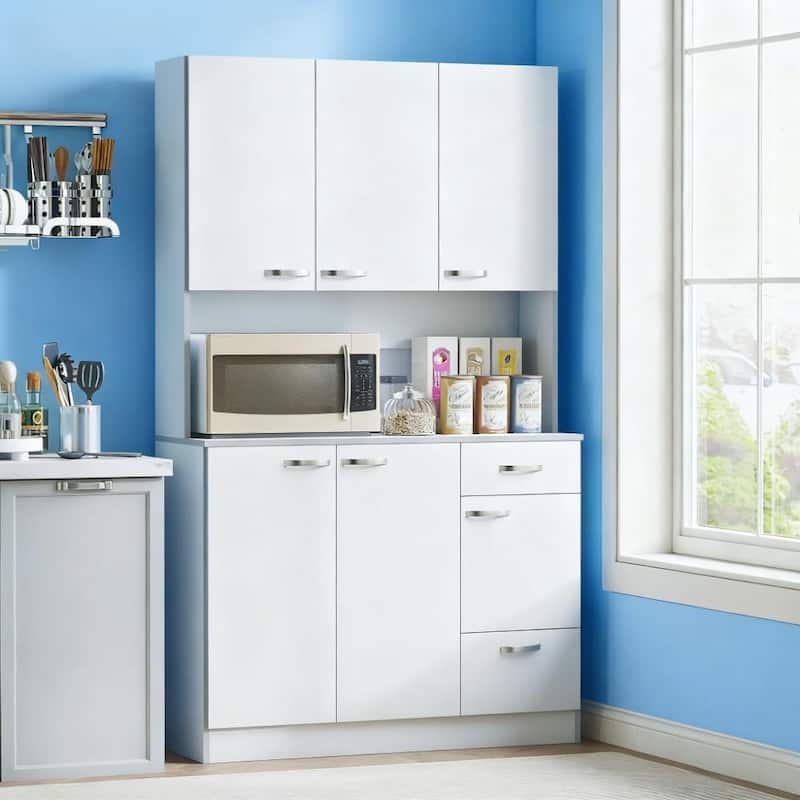 Kitchen Pantry 71" Kitchen Pantry Cabinet, Tall Storage Cabinet with Microwave Stand, Modern Kitchen Hutch with Countertop - White