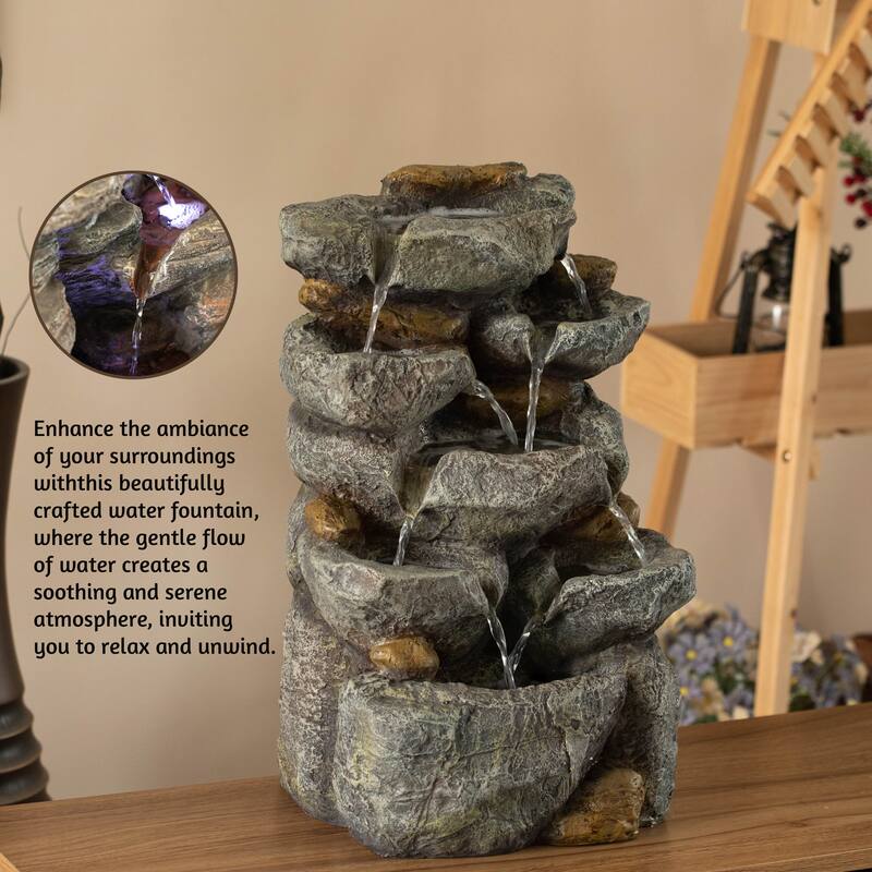 Cascading Electric Powered Rock Water Fountain with LED Lights 18.5" for Indoor and Outdoor Use
