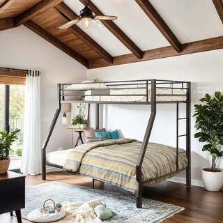 Stylish Twin Over Full Bunk Bed with Sturdy Metal Frame, Slat System, Full-Length Guardrail, and Double Ladder, Black