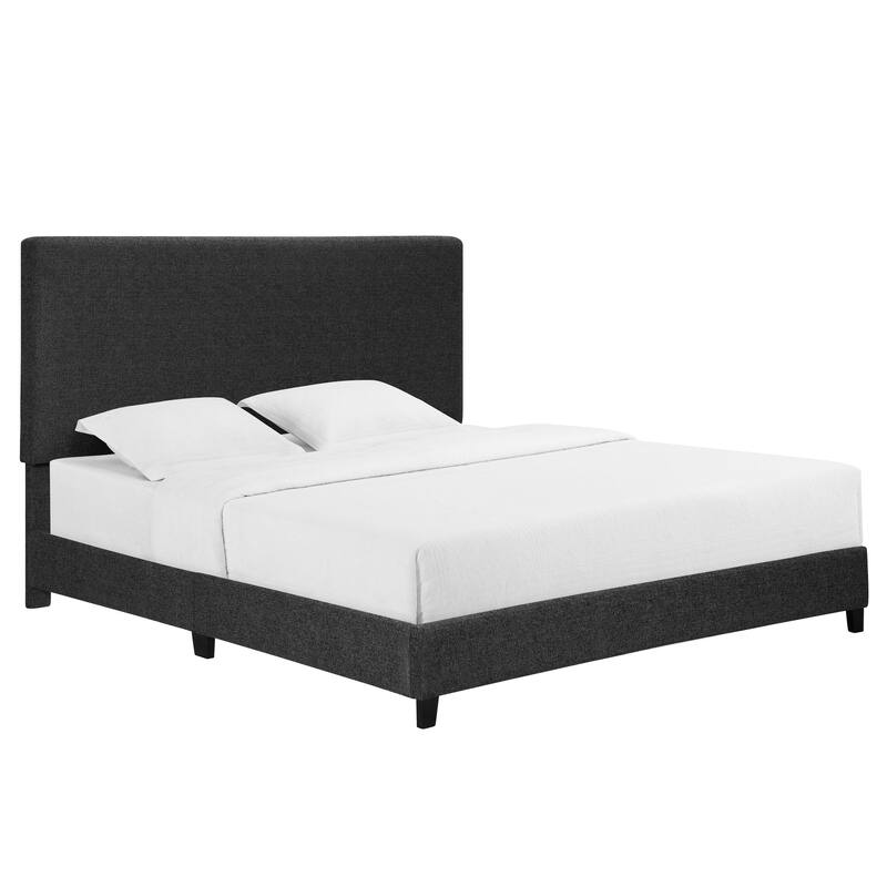 Charcoal Grey Upholstered King Size Platform Bed with Padded Headboard