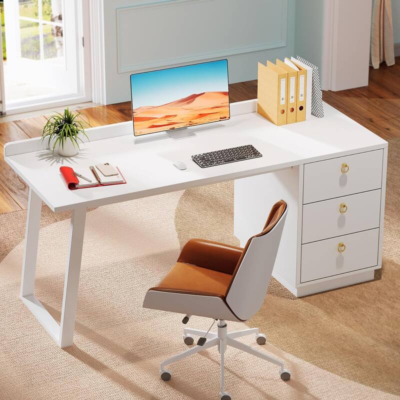 White Computer Desk with Drawers, 55 Inches Modern Study Writing Table for Home Office