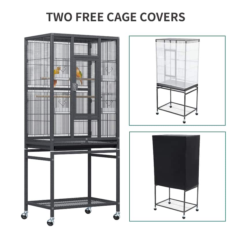 53 inches Bird Cage, Parakeet Cage for Parrot, Cockatiel, Flight cage for Birds with Rolling Stand (2 Extra Birdcage Covers)