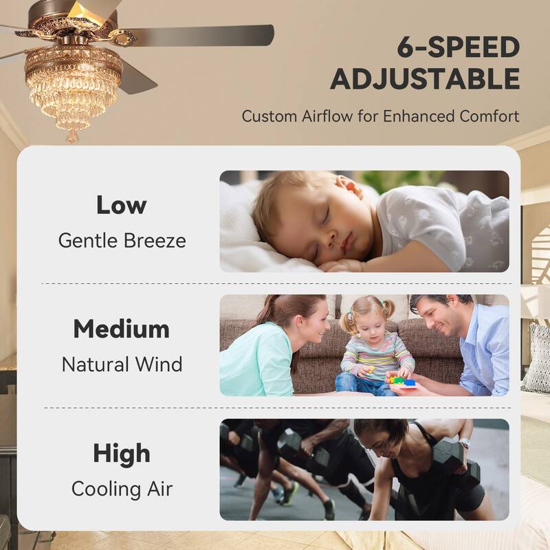 52 Inches Crystal Ceiling Fan Light,Chandelier,APP and Remote Control,5 Dual Side Plywood Blades,Reversible AC Motor - 52 Inches