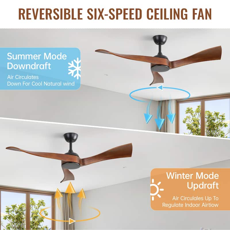 52" Wood Noiseless 3-Blade Ceiling Fans with Dimmable LED Light Optional and Remote, 6-Speed Reversible DC Motor