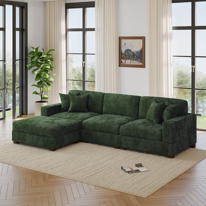 Modern Oversized Chenille Modular Sectional Sofa with Ottoman - Green-4 Piece