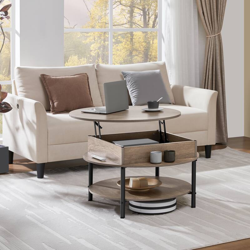 Yaheetech Round Lift Top Coffee Table with Hidden Compartment & Storage Shelf - Gray