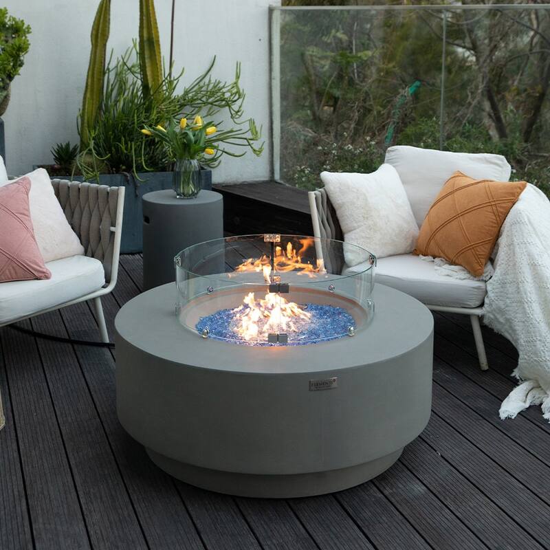 Elementi Plus Colosseo Outdoor Fire Pit Table Concrete Round 60000 BTU - 40.9 x 40.9 inches with Lid, Fire Glass, and Cover