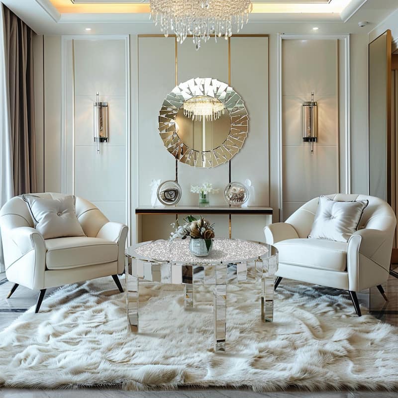 Modern Mirror Glass Round Coffee Table with Crushed Diamond - 31.5"x18.3"
