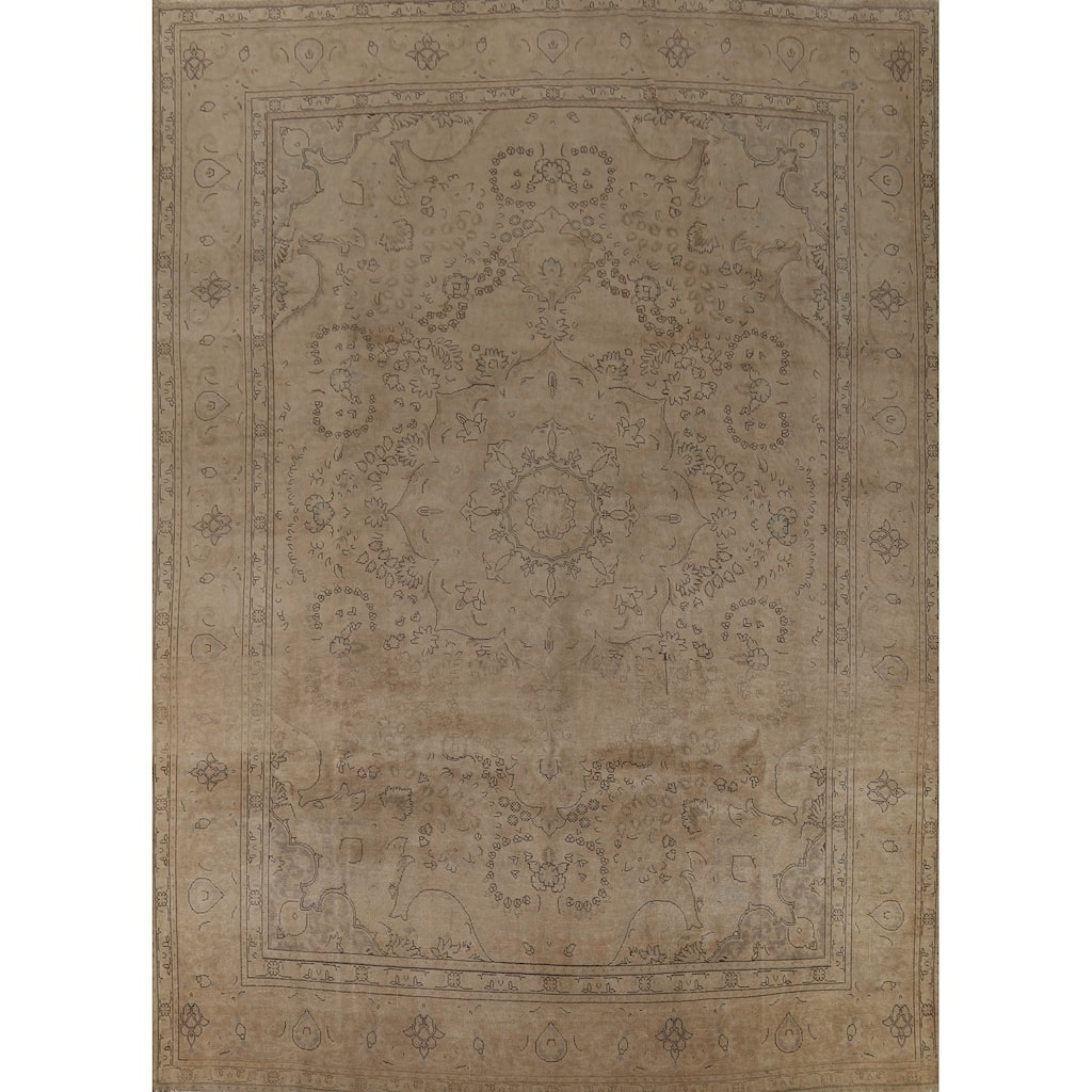 Tabriz Persian Vintage Rug Hand-Knotted Bedroom Beige Wool Carpet - 9'11" x 13'1"