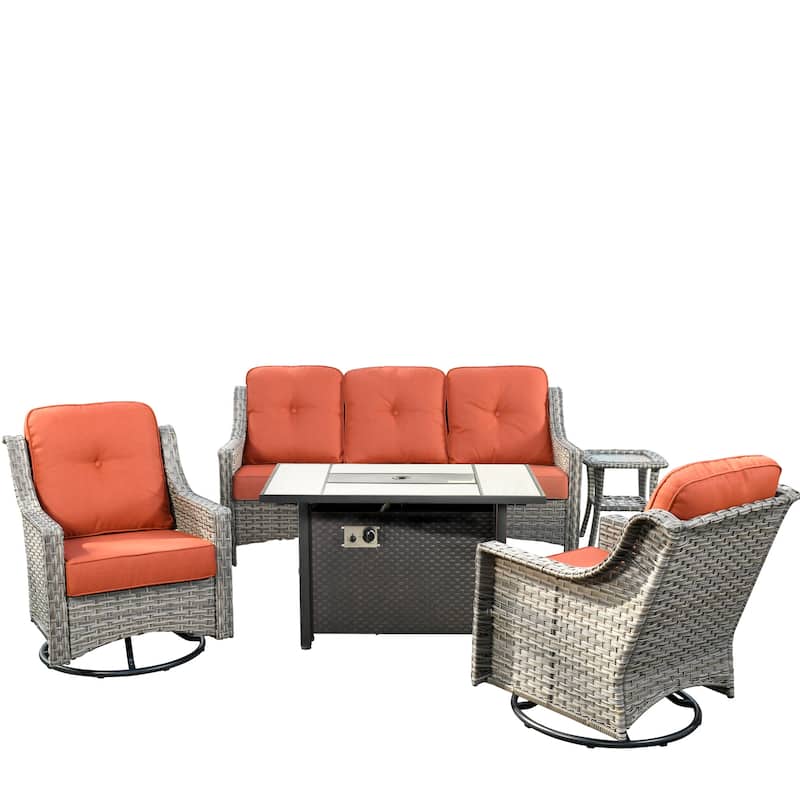 HOOOWOOO 5-piece Wicker Outdoor Furniture Swivel Chairs Set with Fire Pit