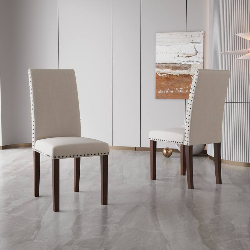 Set of 2 Upholstered Dining Chairs with Copper Nails - Beige