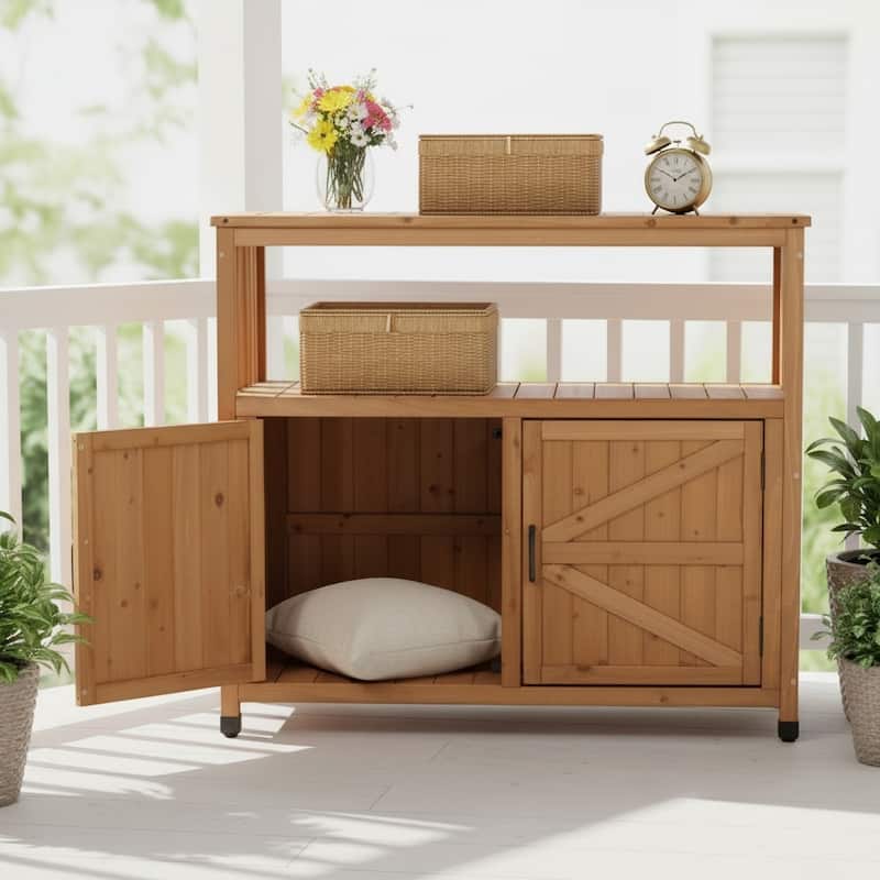 GDFStudio - Harbor Outdoor Solid Fir Wood Storage Bar Table with Slatted Design