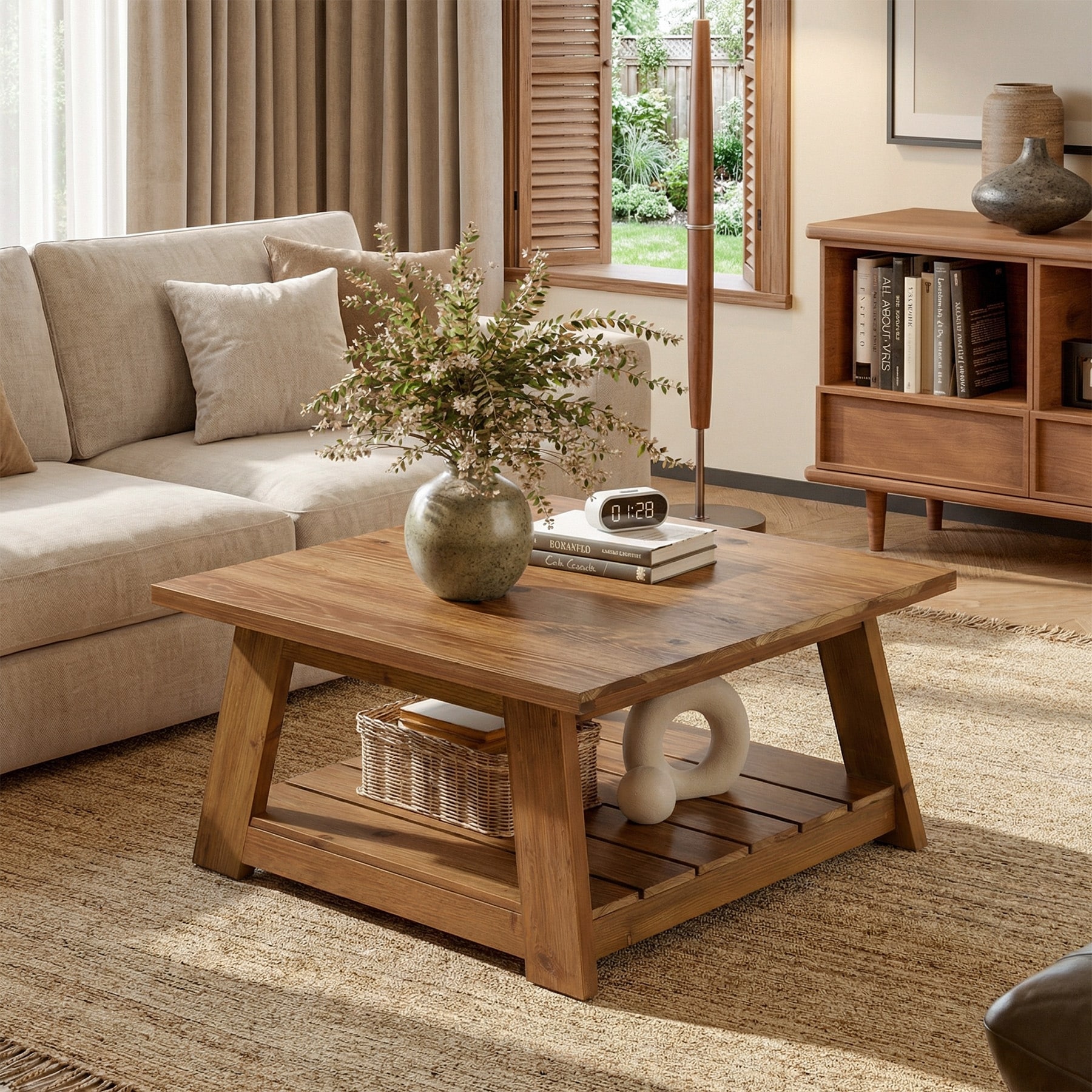 31.5" Solid Wood Square Coffee Table With 2-Tier Storage - 31.5" D x 31.5" W x 17.7" H