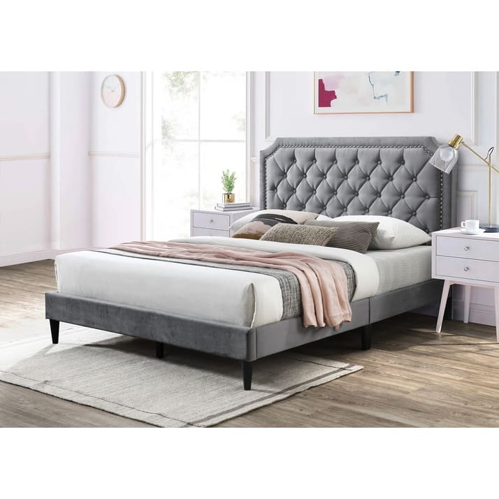 Ava Clipped-Edge Nailhead-Trim Button Tufted Upholstered Platform Bed