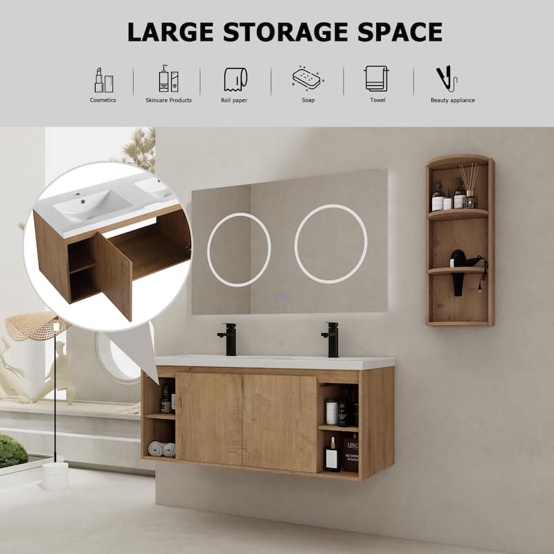 Wall-Mounted Bathroom Vanity With Double Sink and Storage Rack