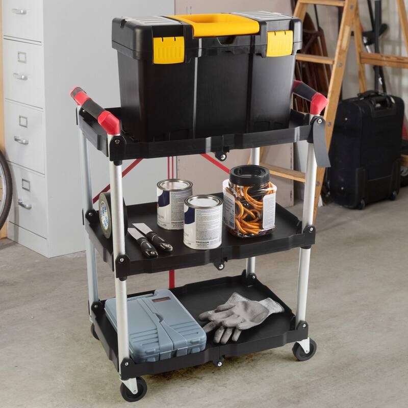 Collapsible Cart - Lightweight Folding Service Cart with 50lb Capacity Per Shelf - Foldable Cart with Wheels by Stalwart