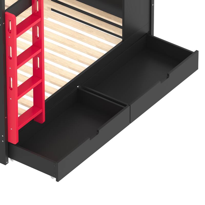 House-shaped Bunk Bed with Hooks, Storage Shelves, Safety Guardrails and Optional with Underbed Drawers or Trundle Bed