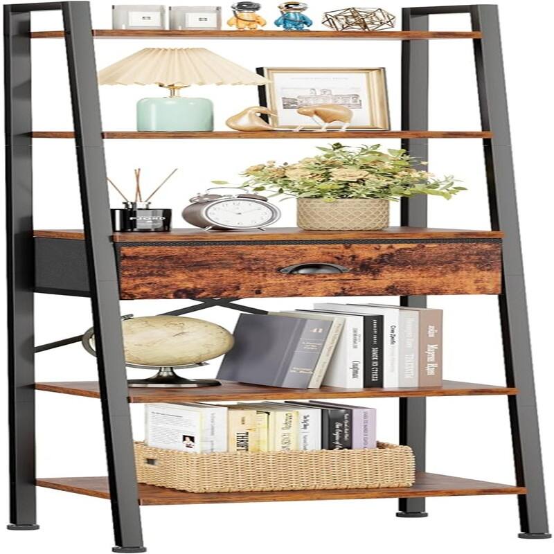 5 Tier Ladder Shelf with Drawer - 11.4"D x 15.4"W x 59.4"H - 11.4"D x 15.4"W x 59.4"H - Rustic Brown