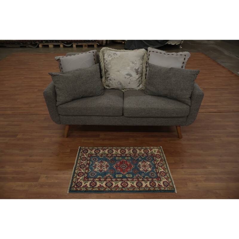 Hand Knotted Oriental 100% Wool Carpet Traditional Geometric Navy Blue & Blues Kazak Area Rug - 3' 0'' X 2' 0''