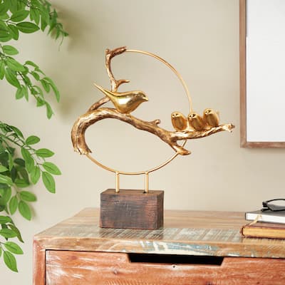 Gold Polystone Family On A Branch Bird Decorative Sculpture with Brown Block Base