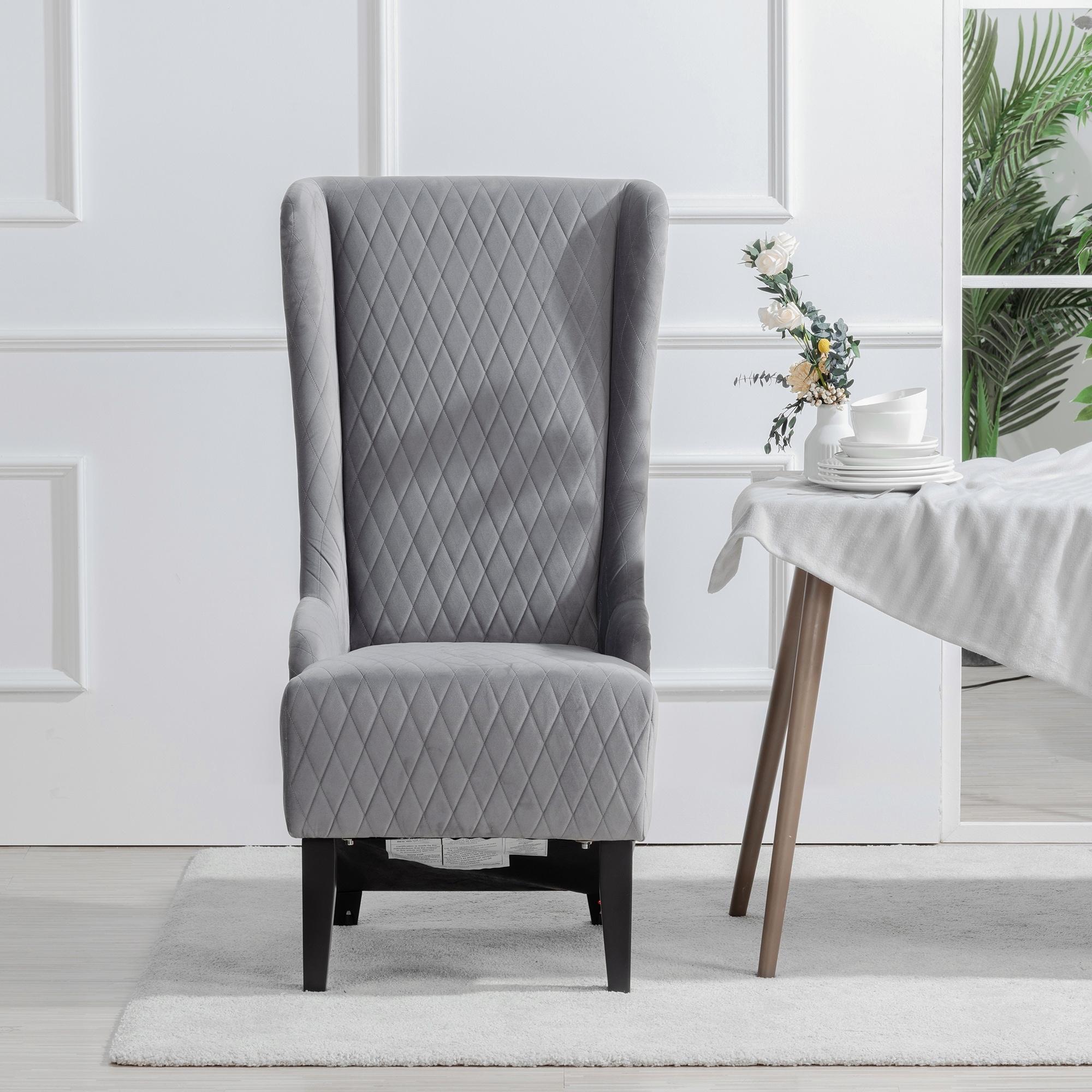 Gray Velvet Accent Chair Side Chair Leisure Chair with Wooden Legs, Wingback Chair Lounge Chair Reading Chair