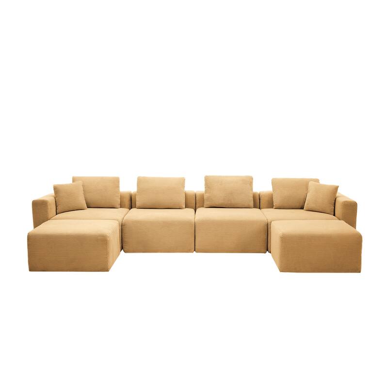 Corduroy Sectional Modular Sofa with Square Arms & Ottoman Extension for Flexible Arrangements - 4-Seater & 2 Ottomans - Mineral Yellow