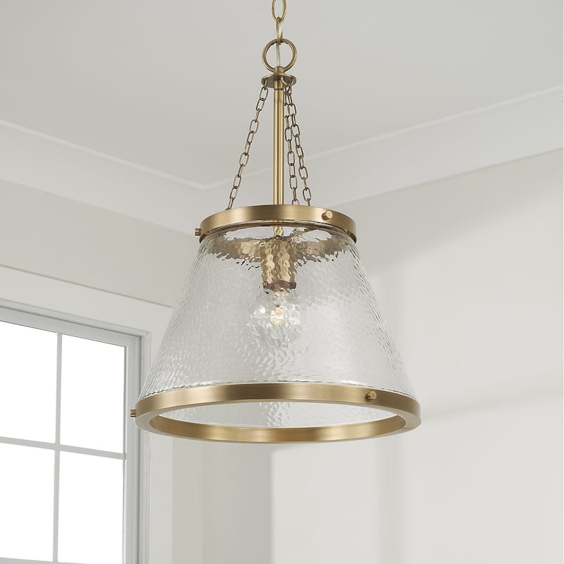 14.5" W x 20.25" H 1-Light Cone Pendant in Aged Brass with Organic Hammered Glass - 14.5"W x 20.75"H