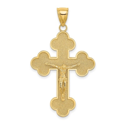 Curata 14k Yellow Gold Textured Crucifix With Budded Cross Necklace 27mm x 45.5mm