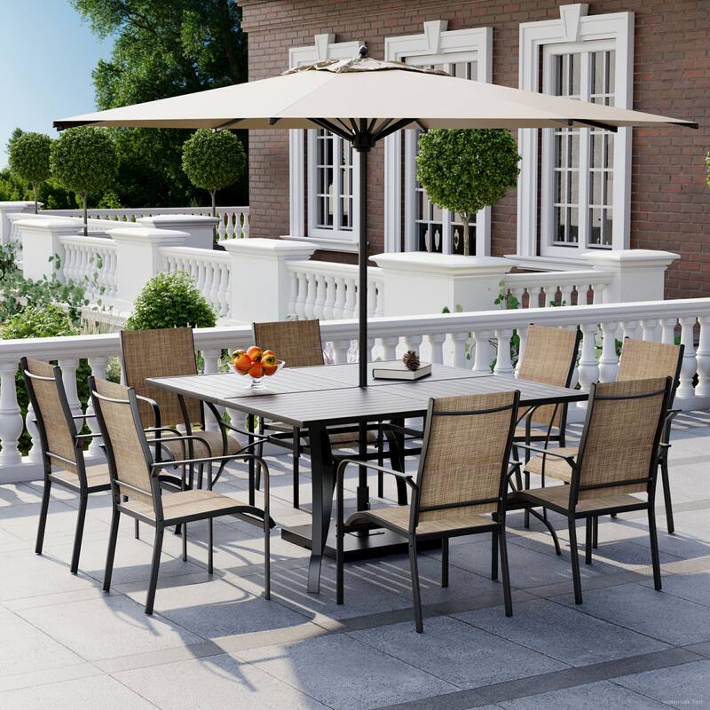 5/7/9-Piece Outdoor Patio Dining Set with Stackable Textilene Chairs and Slatted Table, Furniture with Adjustable Umbrella Hole