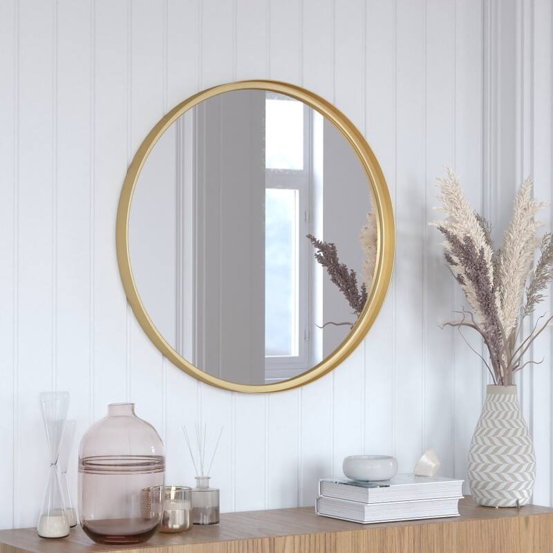 Wall Mount Shatterproof Round Accent Wall Mirror with Metal Frame - 27.5" Round - Gold