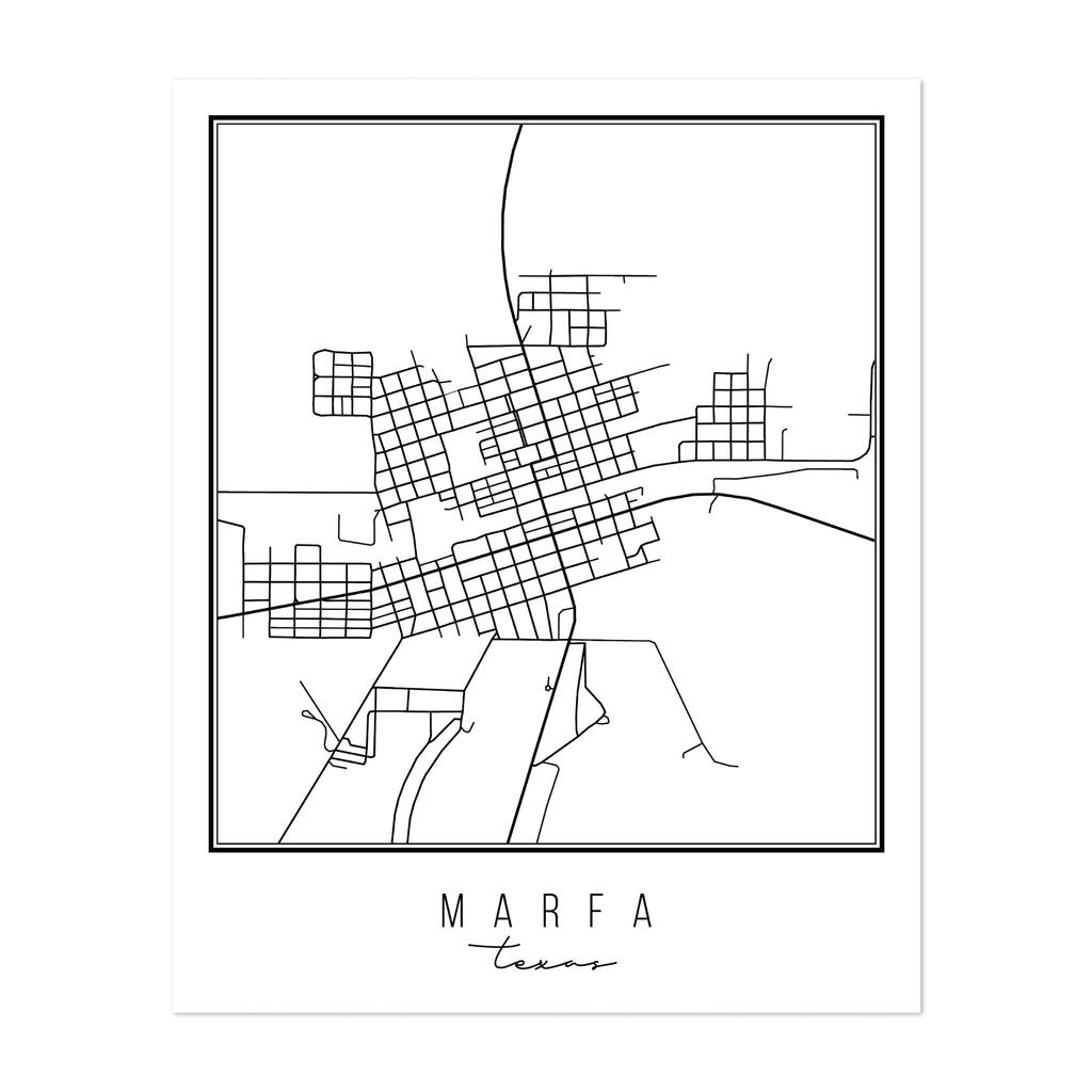 Texas Marfa Marfa Texas Street Map Maps Black White Art Print/Poster