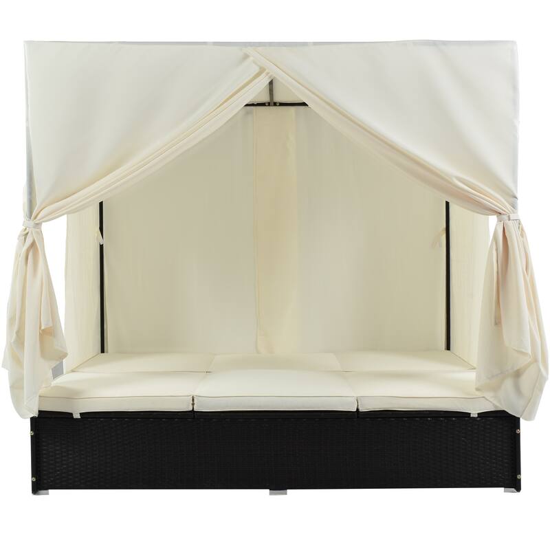 Outdoor Rattan Canopy Daybed Sunbed with Curtain & Adjustable Seat