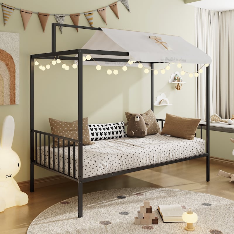 3-in-1 Convertible Montessori Metal floor bed,Fenced toddler bed with Sturdy Metal Slats Support