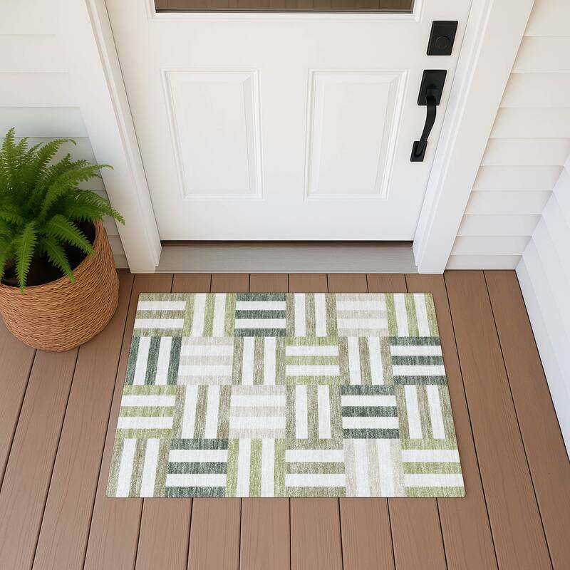 Machine Washable Indoor/ Outdoor Modern Hatch Chantille Rug - Sage - 1'8" x 2'6"