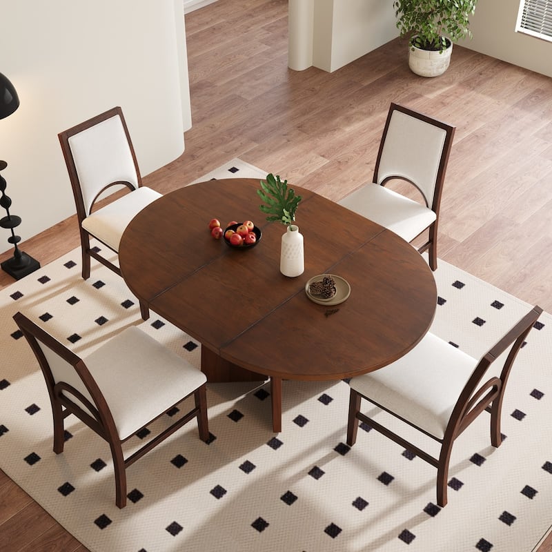 5-Piece Set, 57.3" Extendable Dining Table with 4 Upholstered Chairs - Brown