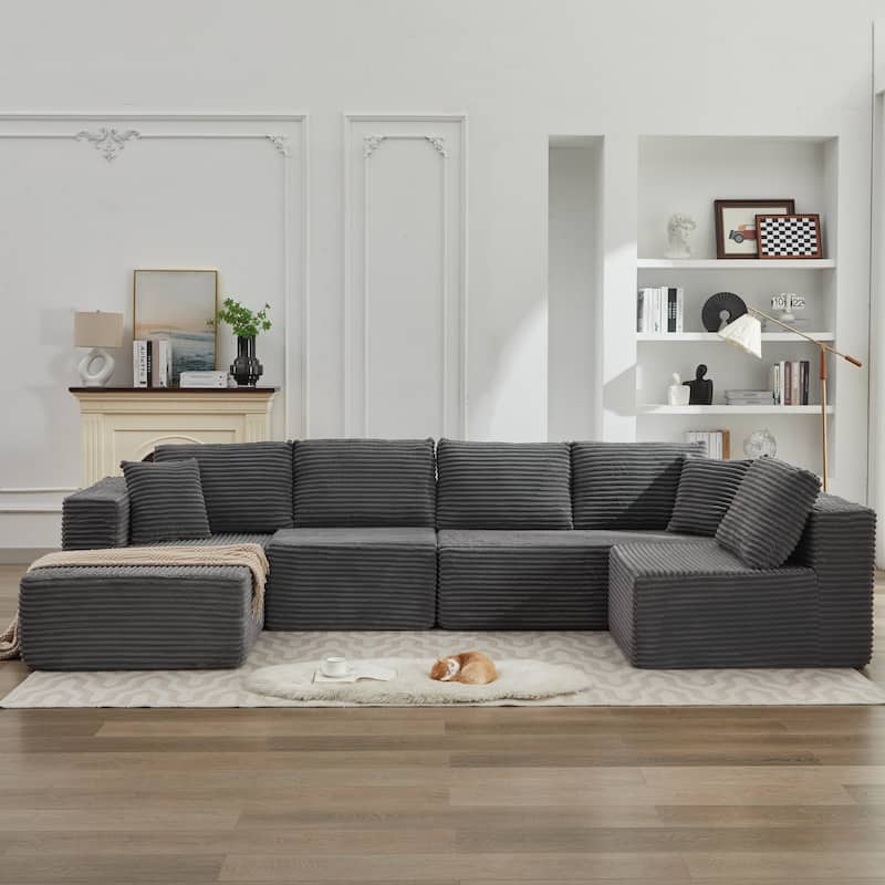 106" L-Shape Sectional Sofa, Deep Seat, Gray Corduroy, No Assembly