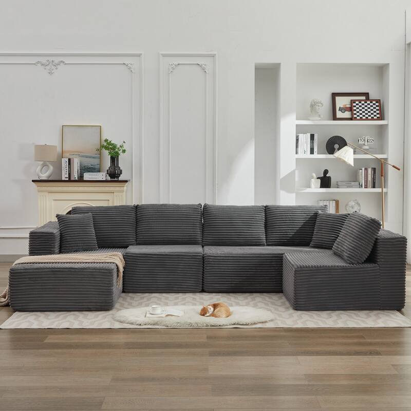 Modular Sectional Sofa with L-Shape Chaise, Oversized Corduroy Upholstered Cloud Sofa, Deep Seat Sofa with 2 Throw Pillows