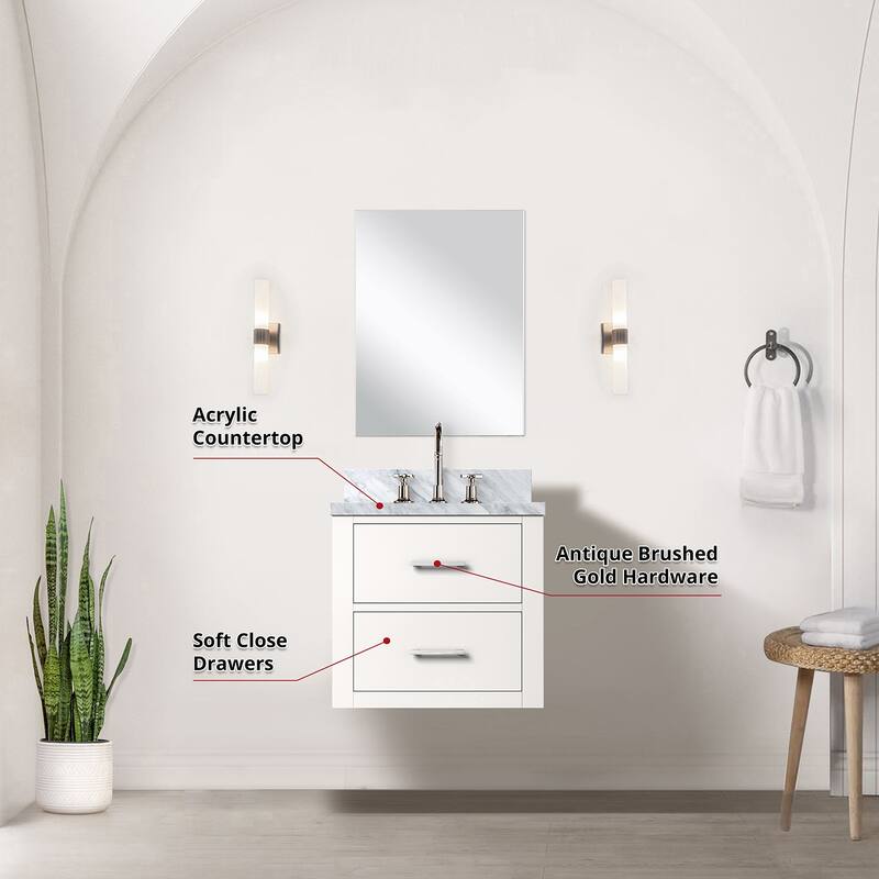 Single Bathroom Vanity 20" W x 18" D, Acrylic Countertop, 18" Frameless Mirror, Chrome Gooseneck Faucet Set
