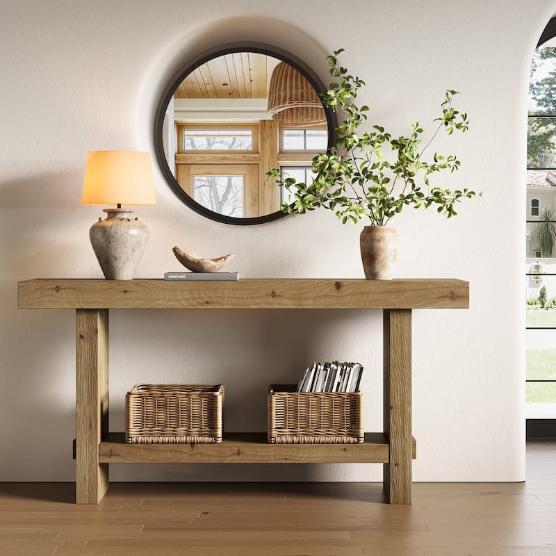 63'' Solid Wood Console Table with Shelf, 2-Tier Narrow Entryway Table