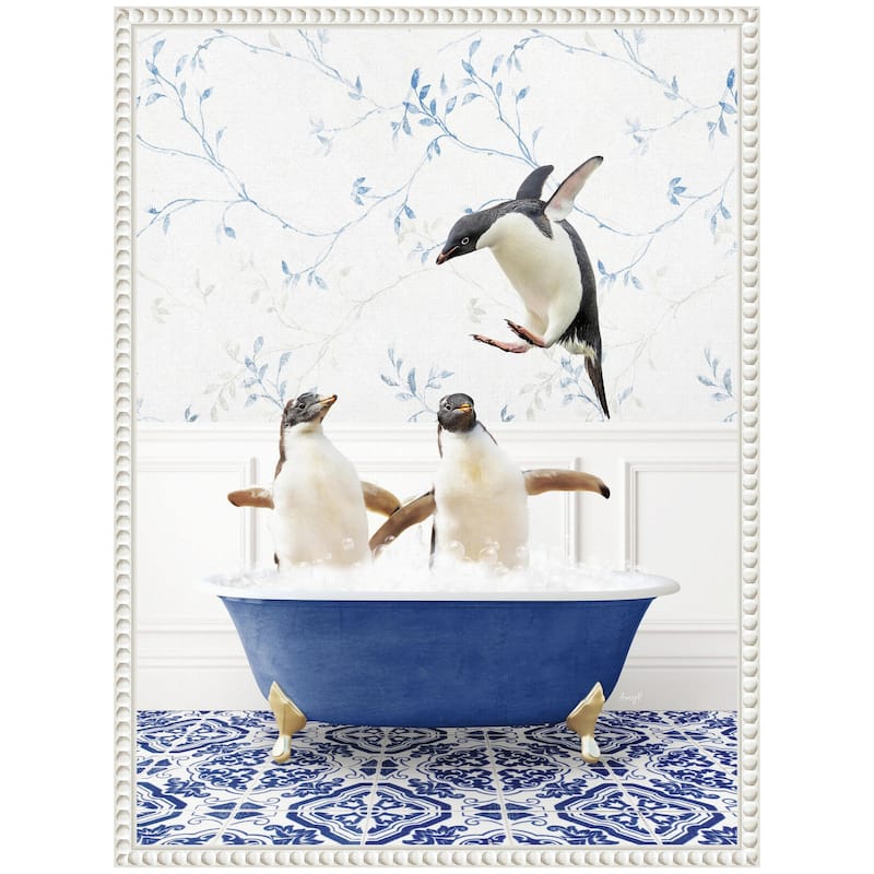 Kate and Laurel Sylvie Penguins in Eclectic Blue Bath Framed Canvas by Amy Peterson