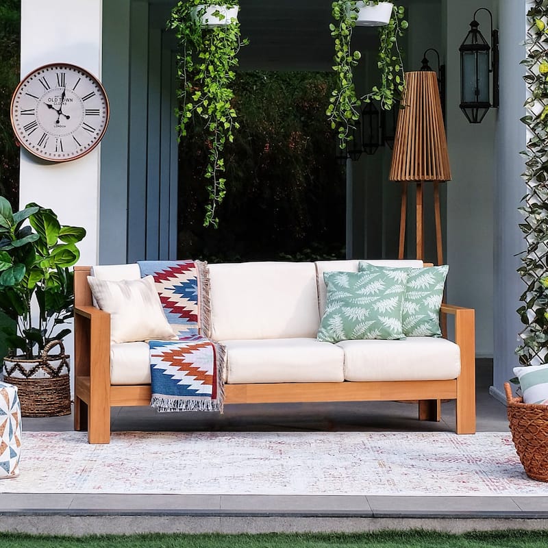 Cambridge Casual Logan Teak Patio Sofa with Sunbrella Cushion - Sunbrella Vellum