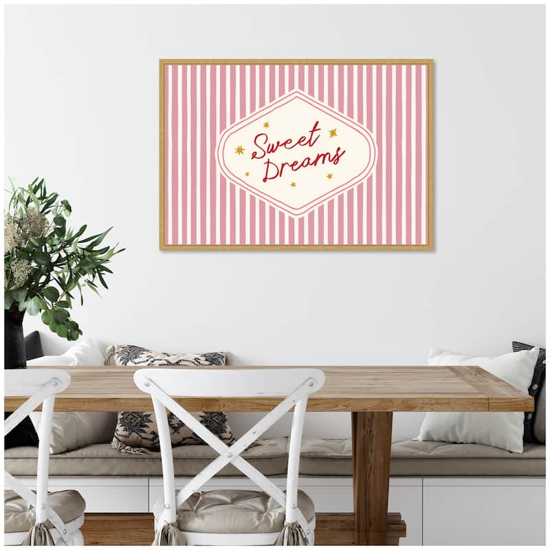 Kate and Laurel Sweet Dreams Retro Typography Pink and Red Stripe by Lucky Guava Framed Canvas Wall Art Print