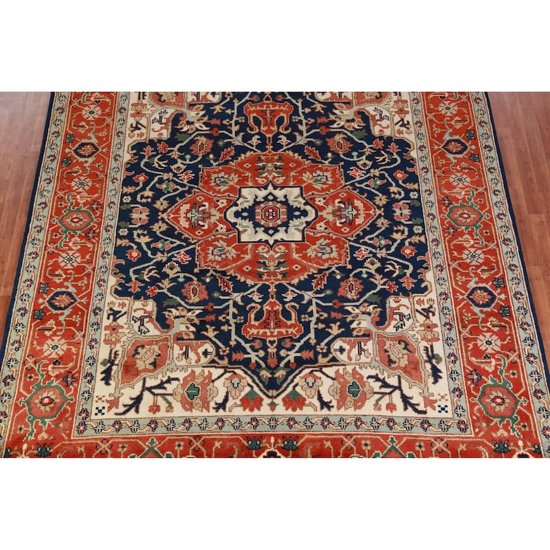 Hand Knotted Oriental 100% Wool Carpet Traditional Medallion Navy Blue & Blues Heriz (serapi) Area Rug - 11' 11'' X 9' 0''