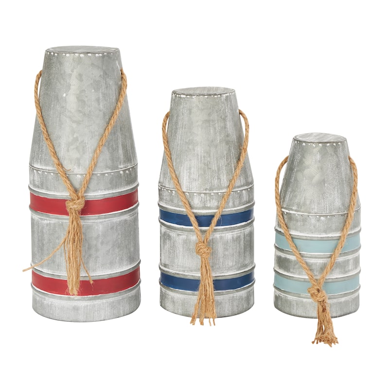 Gray or White Metal Striped Buoy Sculpture with Rope Handles (Set of 3)
