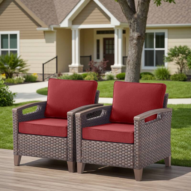 Pocassy Outdoor Club Chair with Cushion Set - Red Cushion - 2PCS Patio Chairs
