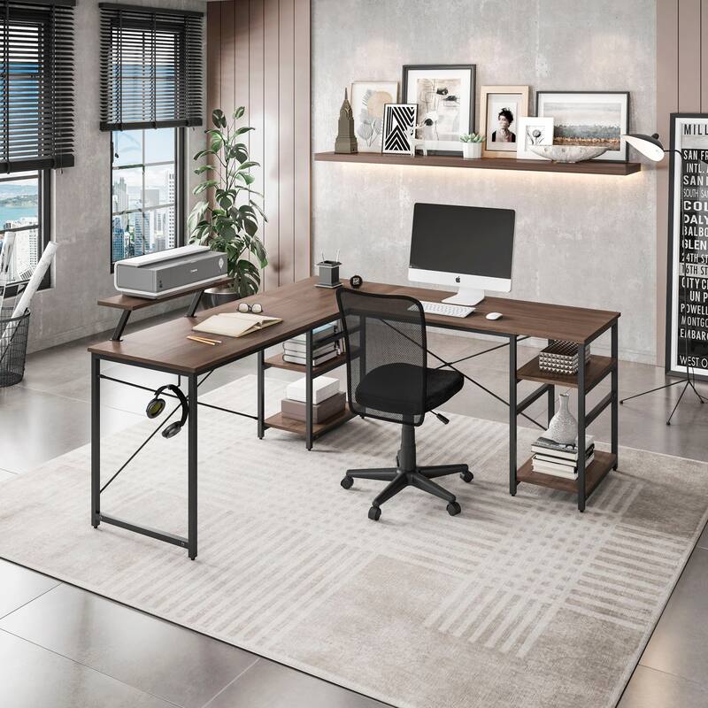 Versatile L-Shaped Computer Desk with Adjustable Shelves, Accessory Holder, and Scratch-Resistant Steel Frame - Walnut